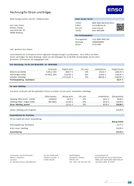 download download Germany ENSO rechnung für strom und erdgas utility bill